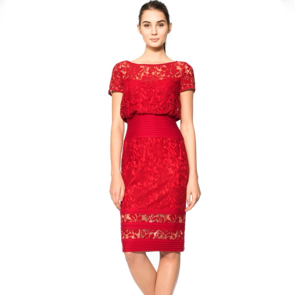 TADASHI SHOJI RED PLEATED BLOUSON WAIST SHEER EMBROIDERED LACE CAP SLEEVE DRESS - Picture 1 of 16
